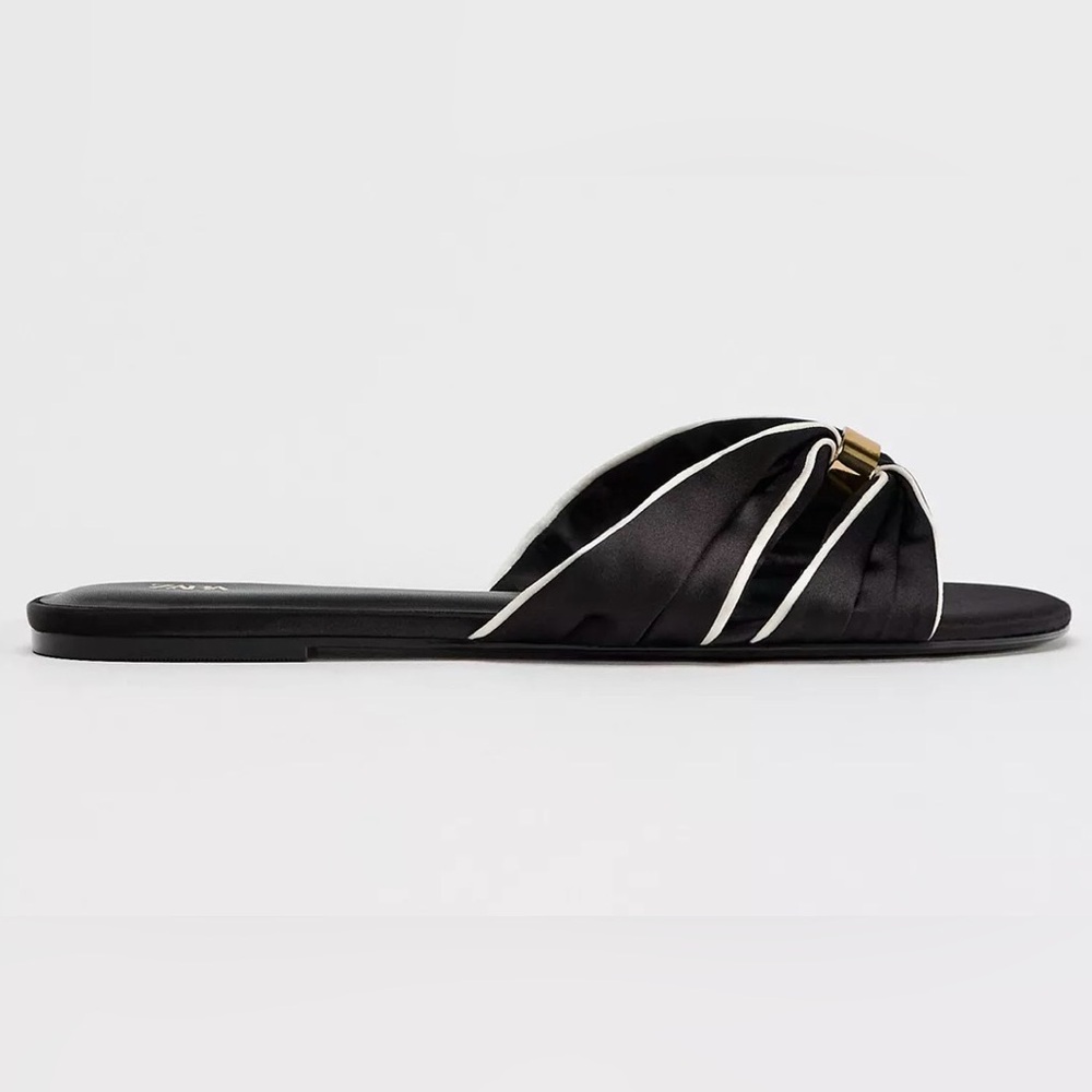 Zara Satin Black and White Women's Flat Sandals with Metallic Finish